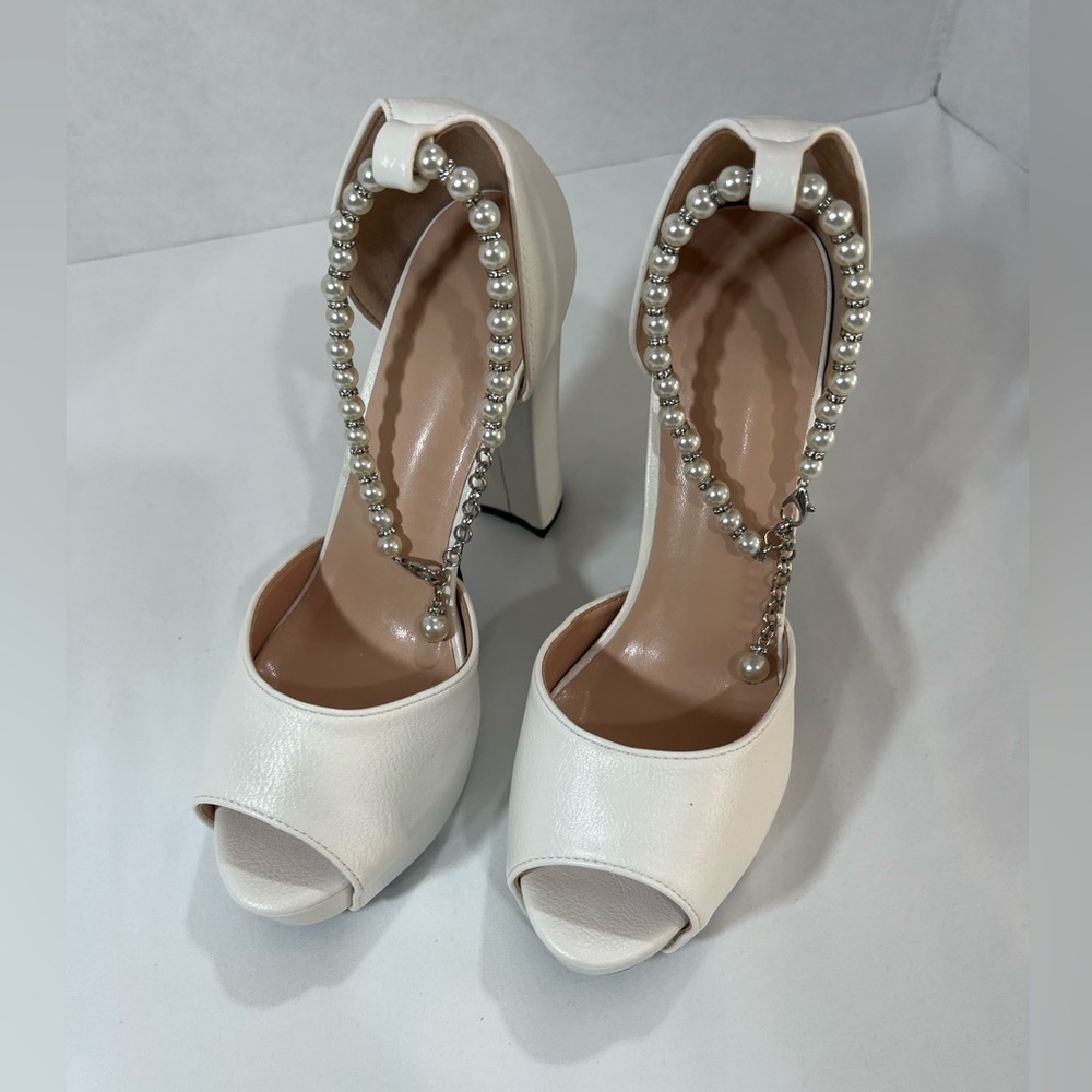 Elegant White Peep-Toe Heels with Pearl Detailing